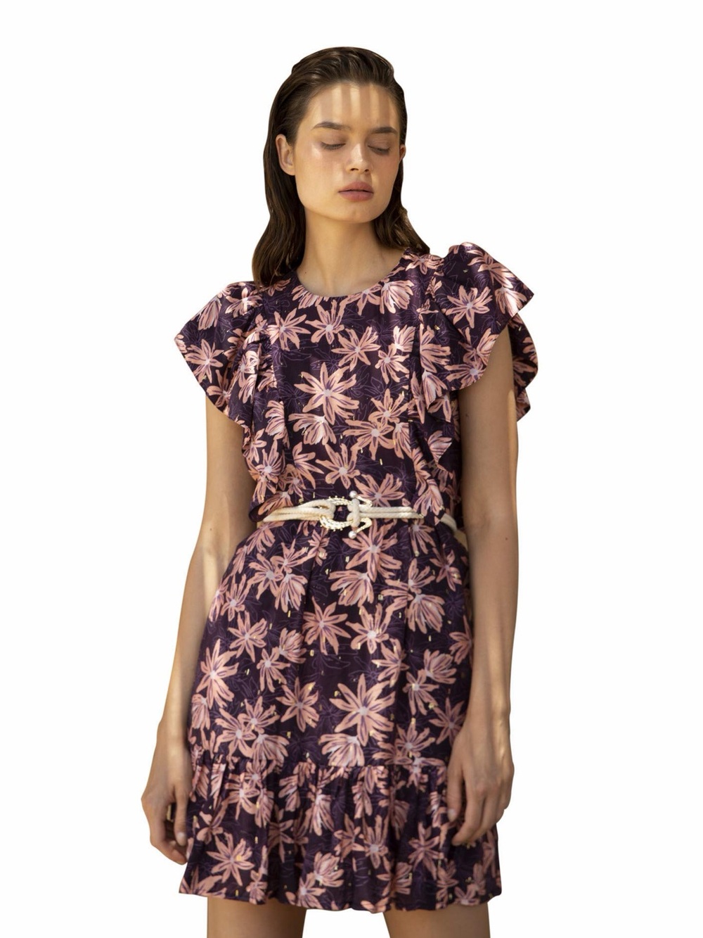 SABINA MUSAYEV Marley Dress S Plum Floral Gold Metallic